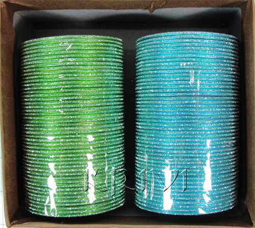 KKLL10A03 8 Dozen Green & Blue Metal Bangles Choori with Glitter Handiwork