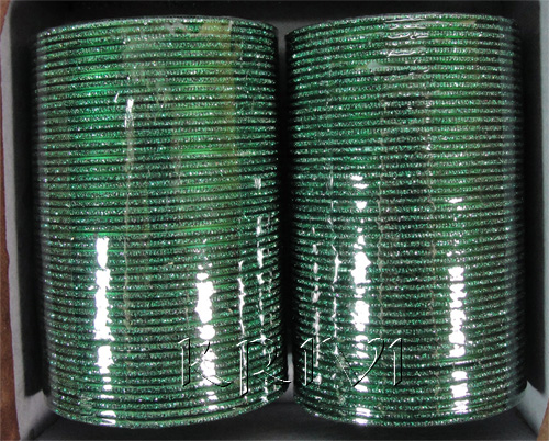 KKLL10F03 8 Dozen Green Metal Bangles Choori with Glitter Handiwork