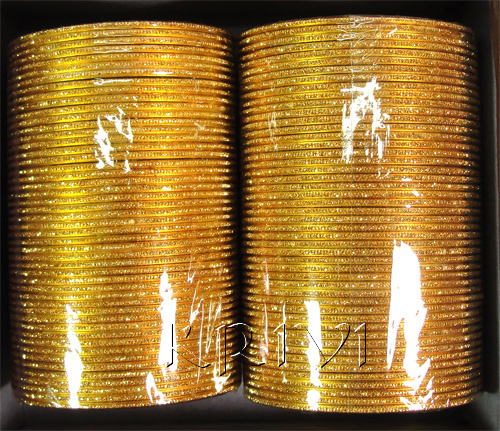 KKLL10Q03 8 Dozen Golden Metal Bangles Choori with Glitter Handiwork