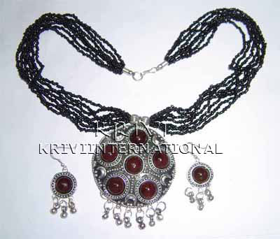 KSKQ08002 Oxidised Black Beads Necklace - Pendant & Earring Set