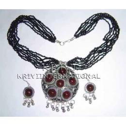 KSKQ08002 Oxidised Black Beads Necklace - Pendant & Earring Set