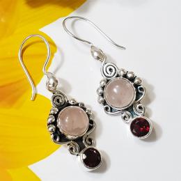 SAEMK08027 Classic Cut & Cab Rose Quartz & Garnet Gemstones Designer Earrings 925 Sterling Silver