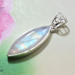 SAPMK08013 Blue Flash Cab Rainbow Moonstone Sterling Silver Pendant