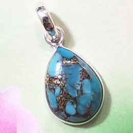 SAPMK08024 925 Sterling Silver Blue Copper Turquoise Cab Bejel Pendant